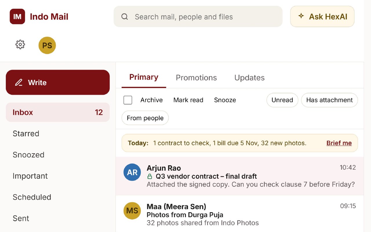 Indo Mail inbox with Primary, Promotions and Updates tabs
